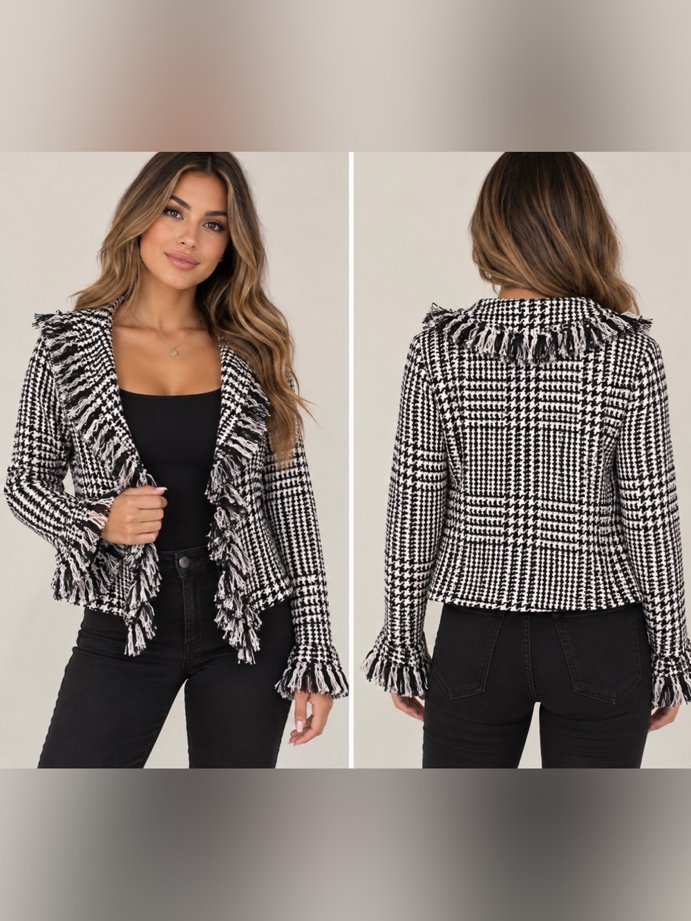 Bloomingdale's Black & White Houndstooth Fringe Blazer